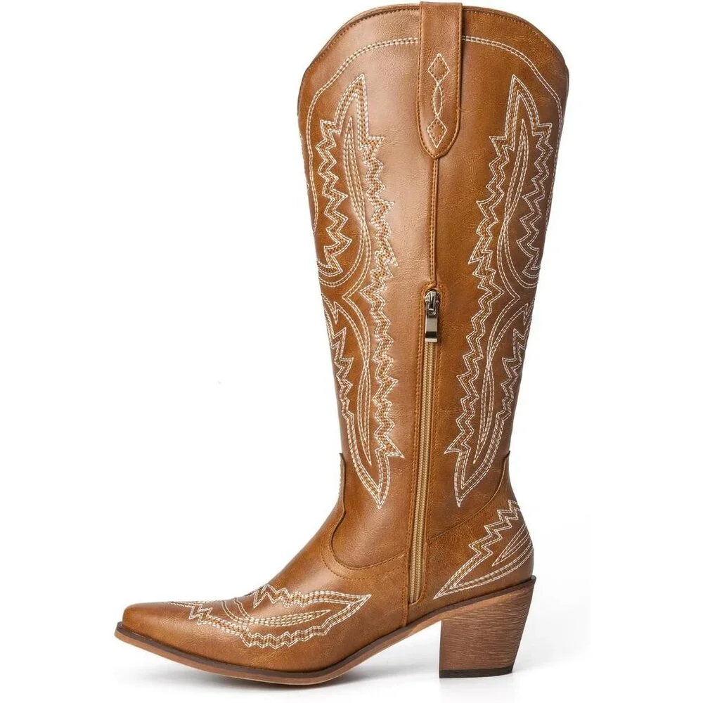 Women's Western Knee Chunky High Heel Brown Embroidered Side Zipper Boots - Picture 2 of 7